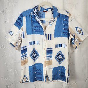 Vintage Geometrical Color Block Short Sleeve Button-up Blouse